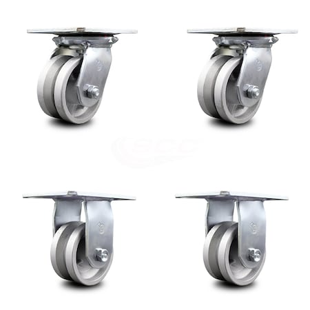 Service Caster 4 Inch V Groove Semi Steel Caster Set with Roller Bearings 2 Swivel 2 Rigid SCC SCC-35S420-VGR-2-R-2